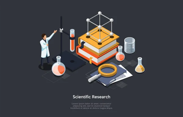 Scientific Research Conceptual Illustration With Science Related Objects And Male Character In White Robe. Isometric Vector Composition In Cartoon 3D Style With Text. Books, Tubes, Flasks, Magnifier — ストックベクタ