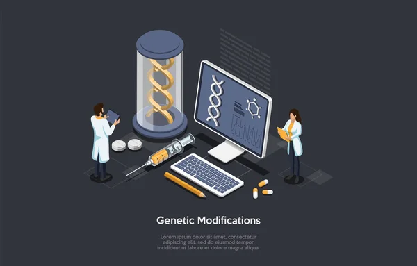 卡通3D风格中的遗传修饰概念向量说明。黑暗背景下的等距构图及与科学相关的物品和白袍中的两个字符。研究及化验所 — 图库矢量图片