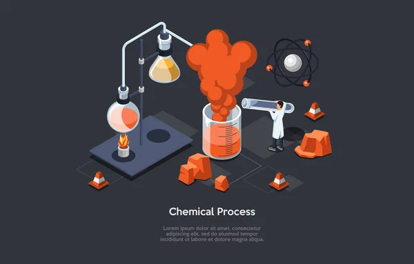 Chemický proces vektorové ilustrace vědecké koncepce. Izometrická kompozice v kresleném 3D stylu se souvisejícími laboratorními předměty a mužskou postavou v bílém plášti — Stockový vektor