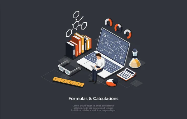 Vector Illustratie Met Formules en Berekeningen Geschreven op Donkere Achtergrond. Isometrische samenstelling in cartoon 3D stijl met wetenschapper karakter zitten op laptop. Boeken, Calculator, Flacon, Heerser — Stockvector