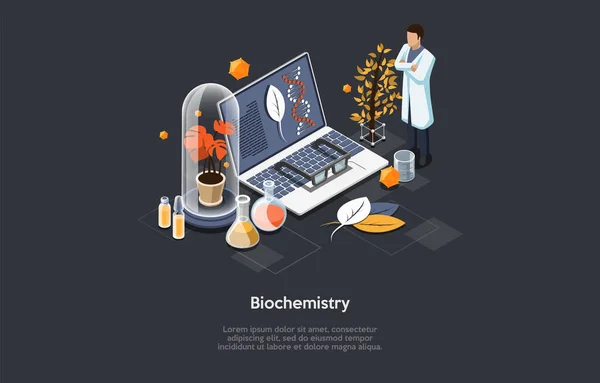 Biochemie Illustratie. Isometrische vectorcompositie in cartoon 3D stijl met wetenschappelijke items en wetenschapper karakter in witte mantel. Laptop, genetische code en informatie op het scherm, buizen, kolven — Stockvector
