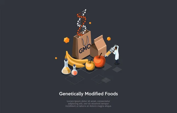 Genetiskt modifierad mat vektor Illustration på mörk bakgrund. Isometrisk vektor sammansättning i tecknad 3D-stil med produktrelaterade objekt och manlig forskare karaktär i vit morgonrock med spruta — Stock vektor