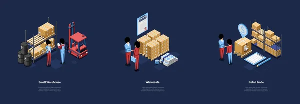 Drie Warehouse Conceptuele Illustraties In Cartoon 3D Style. Isometrische vectorcomposities over donkere achtergrond met geschriften, personages en objecten. Ideeën voor kleine opslag, groothandel en detailhandel — Stockvector