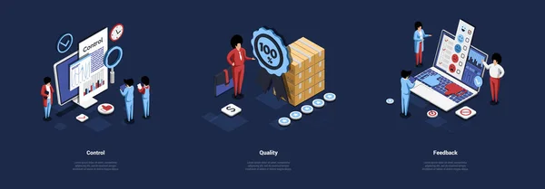 Products And Goods Technological Control, Quality Checkup And Verification And Customers Online Feedback Data Concepts. Isometric Vector Composition Of Three Separate Illustrations In Cartoon 3D Style — Stock Vector