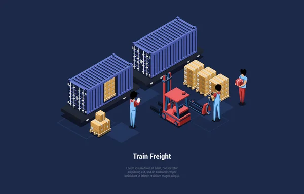 Train Freight Concept Vector Illustratie in cartoon 3D stijl op donkere achtergrond met tekst en tekens. Team van werknemers laden vervoer met dozen voor de scheepvaart. Wereldwijde vervoerslogistiek — Stockvector