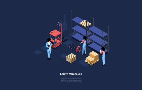 Vector Illustration of Empty Warehouse with Shelves And Boxes (dalam bahasa Inggris). Isometric Composition In Cartoon 3D Style (dalam bahasa Inggris). Dua Karakter Staf Secara keseluruhan Memuat, Satu Orang Dalam Setelan Memeriksa Proses Kerja Mereka - Stok Vektor