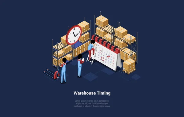 Warehouse Timing Vector Illustration In Cartoon 3D Style. Isometric Composition on Product Storage Schedule Timetable Concept With Human Characters In Uniform, Shelves With Boxes, Big Calendar, Clock — 스톡 벡터