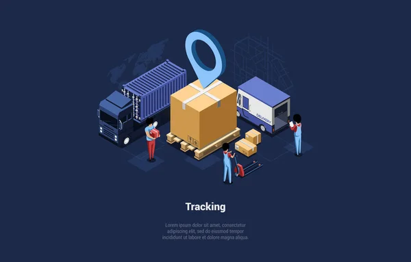 Goods Tracking Concept Illustration, Cartoon 3D Style. Isometric Vector Composition with Tiny Human Characters In Uniform Working At Warehouse (dalam bahasa Inggris). Teknologi Modern Logistik, Parcel Kontrol Pengiriman - Stok Vektor