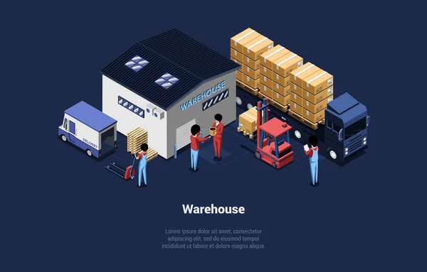 Detailní vektorová ilustrace Skladiště. Izometrická kompozice v kresleném 3D stylu. Building With Text, Delivery Truck, Big Lorry With Freight Balcels, Forklift. Čtyři znaky v uniformě — Stockový vektor