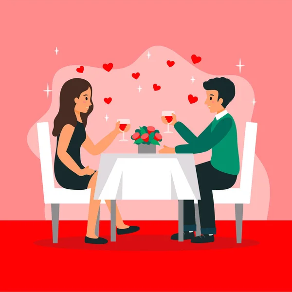 Dos personas sentadas a la mesa con flores en el restaurante celebrando. Feliz día de San Valentín Post Vector Ilustración con personajes masculinos y femeninos sobre fondo rojo. Composición en estilo plano de la historieta — Vector de stock