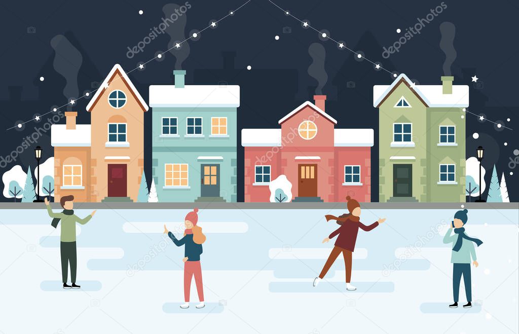 Winter Holidays Ice Skating Vector Illustration In Cartoon Flat Style. Composition With People Spend Time Actively On Frozen Rink. Males And Females Outside. Night Sky And Town Houses As Background