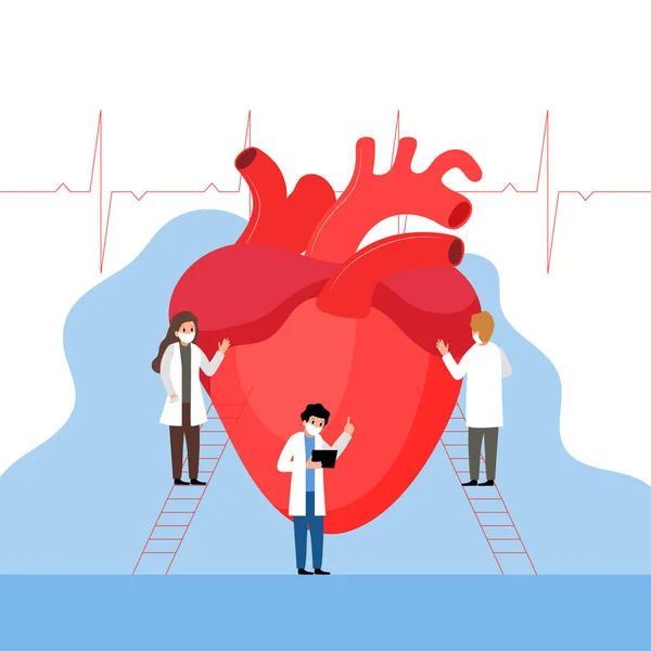 Konceptuell illustration i tecknad platt stil. Vektorsammansättning med tre tecken. Läkarteam som undersöker ett stort mänskligt hjärta. Sjukvård och medicinsk hjälp, Apotek Service Annons Placard — Stock vektor