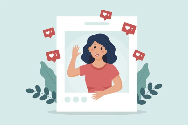 Ilustrație vectorială pe fundal albastru în stil desene animate plat. Compoziție cu caracter feminin care caută pe Internet Social Media Photocard și flutură. Semne de aprobare și elemente de plante în jurul — Vector de stoc