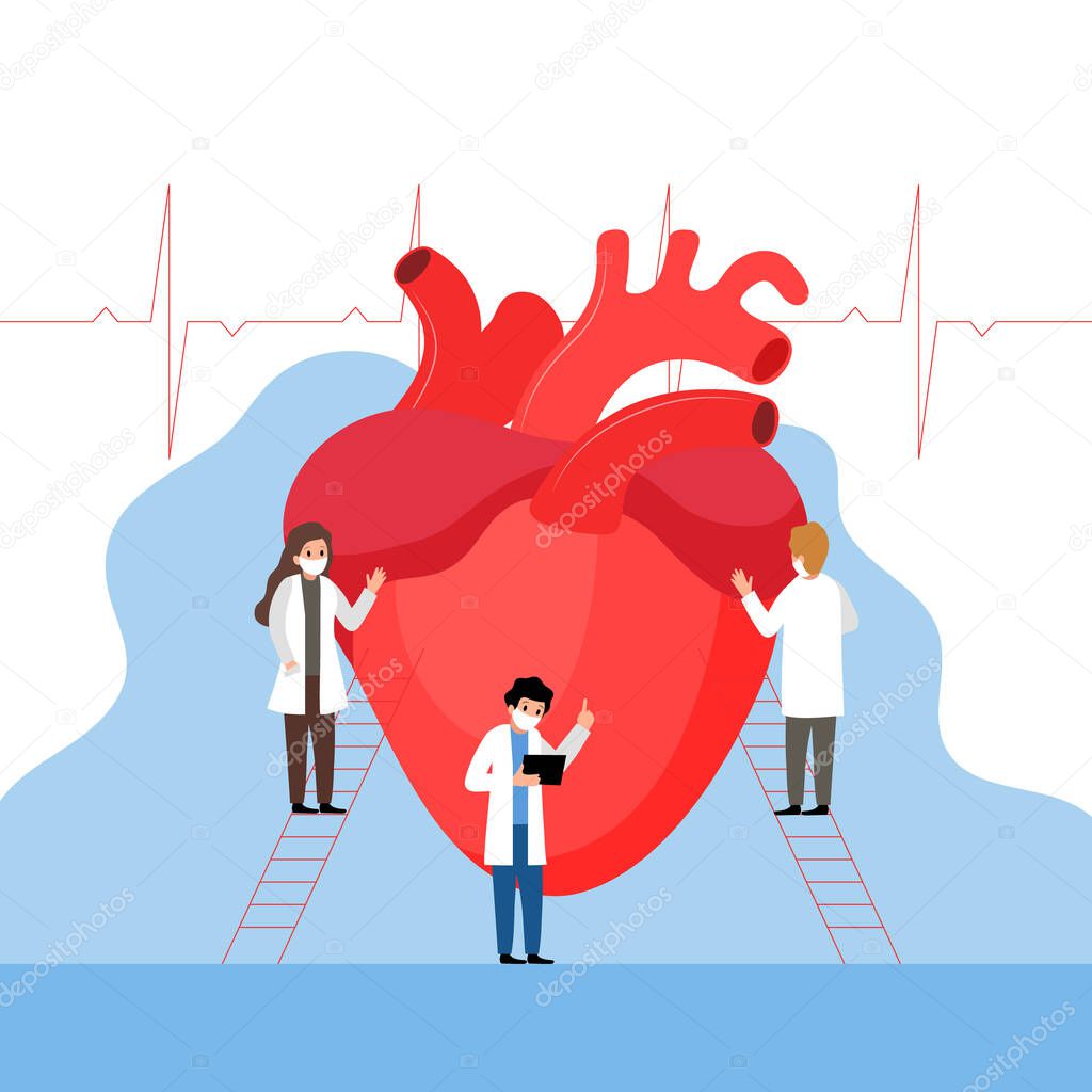 Conceptual Illustration In Cartoon Flat Style. Vector Composition With Three Characters. Team Of Doctors Examining Huge Human Heart. Healthcare And Medical Aid, Pharmacy Service Advertisement Placard