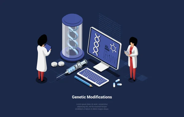 卡通3D风格中的遗传修饰概念图解。两个身穿长袍的科学家人物在黑暗背景下的矢量构图。基因配方改良。屏幕上有代码的计算机 — 图库矢量图片