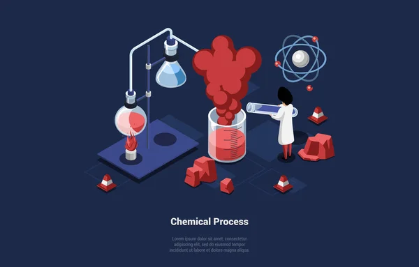 Chemische Prozess-Vektor-Illustration im Cartoon 3D-Stil auf dunklem Hintergrund. Isometrische Zusammensetzung des männlichen Wissenschaftlers, der mit roter Substanz experimentiert. Reagenzgläser, Becher, Atomelement und Brenner — Stockvektor
