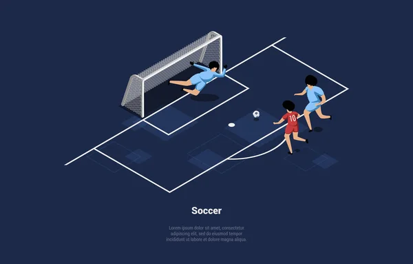 Vektorillustration von Fußballern. Isometrische Komposition im Cartoon 3D-Stil mit drei männlichen Charakteren, die Spiel spielen. Männer in Uniform mit Fußball auf dem Feld. Kunst des professionellen Fußballsports — Stockvektor