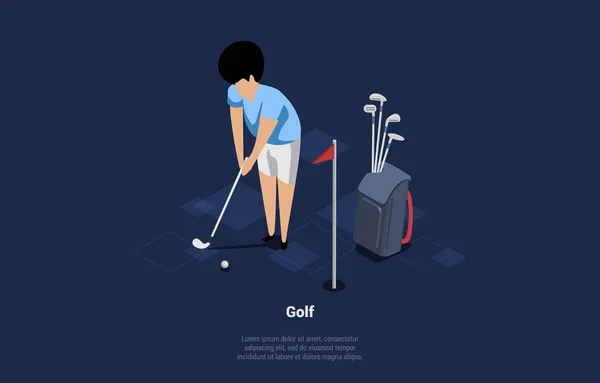 Ilustração do vetor no estilo 3D dos desenhos animados no fundo escuro com escrita. Composição isométrica de pessoa em uniforme jogando golfe. Jogador de Desporto Activo. Homem formação na corte perto de equipamentos de golfe — Vetor de Stock