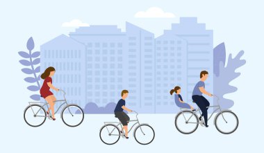 Çizgi film tarzında illüstrasyon. Mavi Arkaplanda Vektör Bileşimi. Dört Üyeli Aile Bisiklete Birlikte Biniyor, Şehir Binalarının Silueti Arkasında. Sağlıklı Yaşam Tarzı ve Zaman Harcama