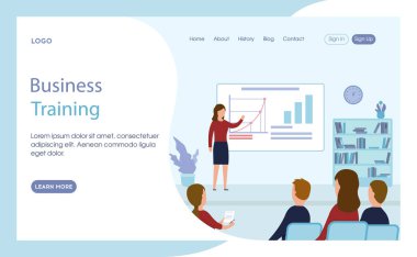 Web sitesi ya da Web Sayfası Şablon Düzeni Vektör İllüstrasyonu. Metin ve düğmeli düz çizgi film kompozisyonu. İş Eğitimi ya da Personel Kursları Sanatı Konsepti. Kurumsal Eğitim, Seminer. Yönetim Kurulu Özel Öğretmeni