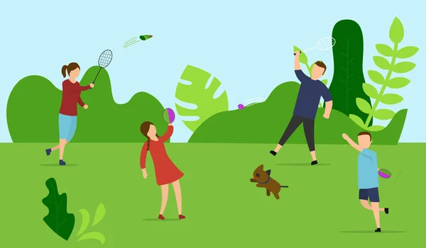 Vektor Illustration Av Familj Att Tillbringa Tid Tillsammans. Sammansättning i tecknad platt stil av föräldrar som spelar tennis, barn med rack och hund. Sommar utomhus Sport och fritid Aktiviteter — Stock vektor