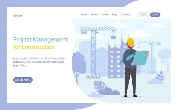 Project Manager for Construction Design Conceptual Illustration In Flat Cartoon Style 프로젝트 관리자. Vector Composition, Webpage Advertisement, Internet Layout Template. 종이를 보호하기 위해 일하는 사람 — 스톡 벡터