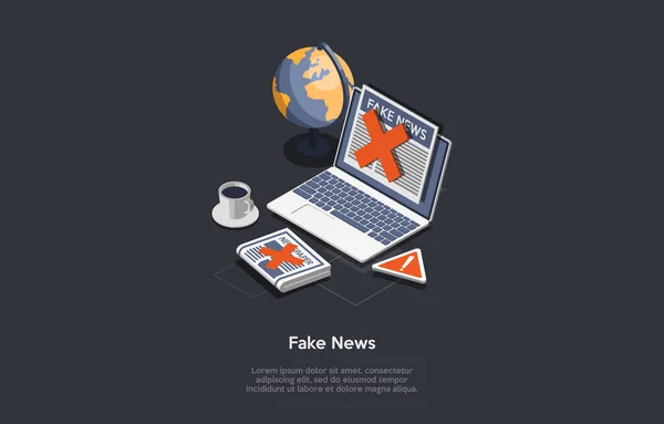 Vector Illustration In Cartoon 3D Style. Isometric Composition On Fake News And Media Content Concept. Dark Background And Writings. Laptop With Red Cross On Screen, Newspaper And World Globe Near — Stock Vector