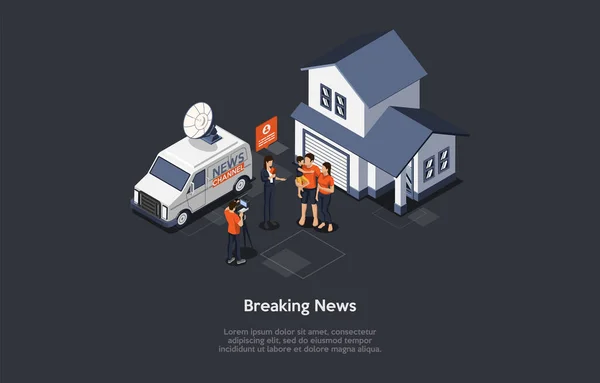 Vektor Illustration I Tecknad 3D-stil. Isometrisk komposition på mörk bakgrund med texter. Breaking News Concept Art. Hus och familj, kvinnlig journalist med intervju. Mediesändningar — Stock vektor