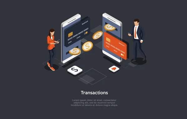 Isometric Composition On Transactions Concept. Vector Illustration In Cartoon 3D Style. Dark Background With Text. Two Characters Near Huge Telephones With Credit Cards On Screen Exchanging Money — Stock Vector