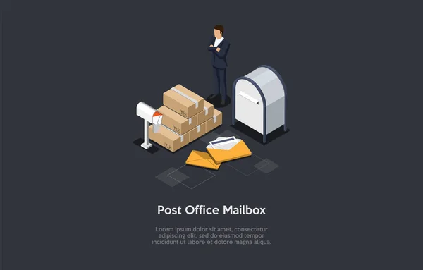Post Office Mailbox Vector Ilustração, Desenhos animados 3D Estilo. Composição vetorial isométrica, fundo escuro, escrita, objetos e personagem. Carta Correios, caixas de papelão parcelas e empresário de pé — Vetor de Stock