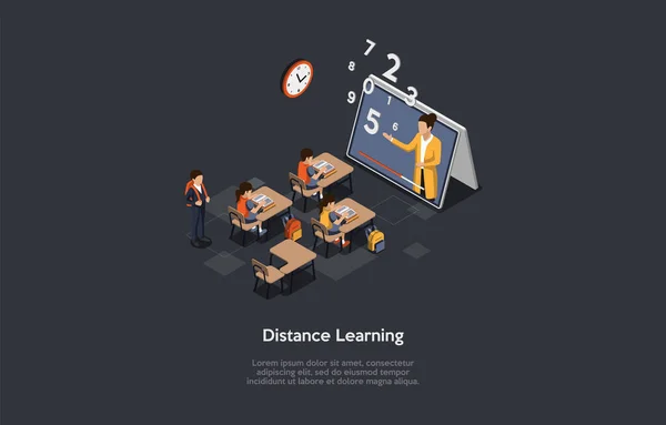 Distance Learning Concept Vector Illustration im Cartoon 3D-Stil. Isometrische Komposition mit Zeichen. Klassenzimmer-Interieur mit Schreibtischen, sitzenden Schülern, großem Tablet mit Lehrer auf dem Bildschirm — Stockvektor