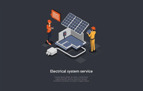 Diseño del diseño del anuncio del sistema de servicio eléctrico. Ilustración vectorial. Composición isométrica, estilo 3D de dibujos animados. Dos caracteres en cascos protectores y trabajo uniforme, panel solar, señal de voltaje — Vector de stock