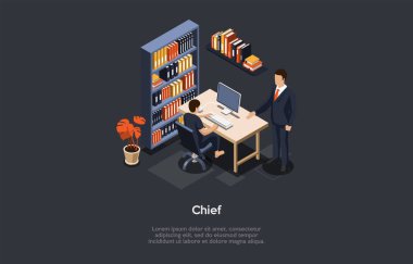 Vector Illustration in Cartoon 3D Style. Isometric Kompozisyon. Karanlık Arkaplan, Yazma ve Nesneler. Ofis İçi Malzemeleri ve İki Karakter. İşletme Şefi Takım Elbise ve İşyeri İşçisi