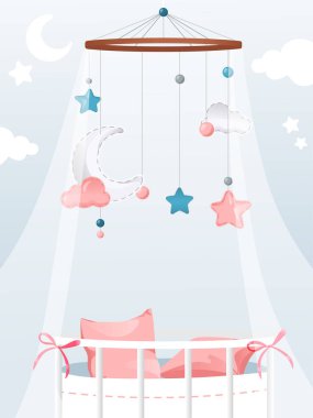 Düz çizgi film tarzında vektör ilüstrasyonu. Gradyan ve elementlerle. Açık Arkaplanda Renkli Kompozisyon. Yeni doğan çocuk teması. Küçük kız için Pembe Yatak Asılı Kolyeler