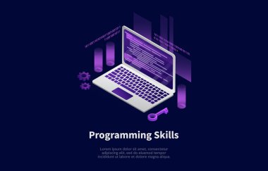 Yazılar ve Bilgiyle Karanlık Arkaplanda Vektör İllüstrasyonu. Çizgi film 3 boyutlu Isometric Beste. Programlama Yetenekleri Konsepti. Ekranda Kod Kodu, Anahtar ve Çarklı Modern Laptop