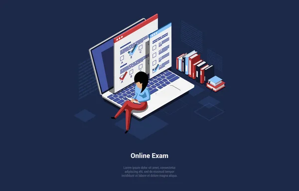 Isometric Vector Illustration In Cartoon 3D Style. Composition On Dark Background With Text. Concept Design Of Online Exam Idea. Female Character Sitting On Laptop. Test Papers On Screen, Books Near — Stock Vector