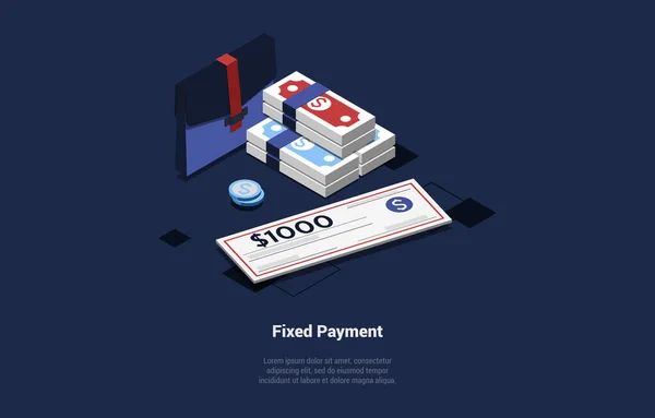 Vector Illustration In Cartoon 3D Style. Karanlık Arkaplan 'da metin ve nesnelerle ilgili ilginç bir kompozisyon. Sabit Ödeme Tasarımı. Dolar banknotları, madeni paralar, iş çantası ve maaş çeki. — Stok Vektör