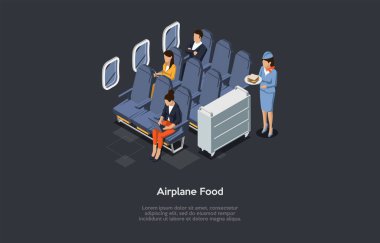 Vector Illustration In Cartoon 3D Style. Karanlık Arkaplanda Yazılı Isometric Kompozisyon. Uçak Beslenme Konsepti. Uçak iç mekanı, sandalyede oturan farklı insanlar. Hostes yemek taşıyor.