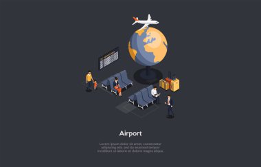 Havaalanı iç kompozisyonu. Vektör İllüstrasyonu, Karikatür 3D Tarzı. Yazılı Isometric Tasarım, Karanlık Arkaplan. İçeride oturan ve uçuşu bekleyen bir grup insan. Uçak geliyor ve kalkıyor.