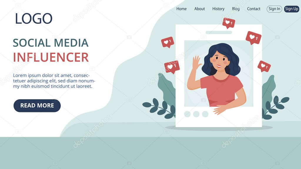 Website Landing Page Template Layout On Social Media Influencer Concept. Flat Cartoon Style Illustration With Text And Buttons. Woman Smiling And Waving Hand Surrounded With Approval Internet Signs