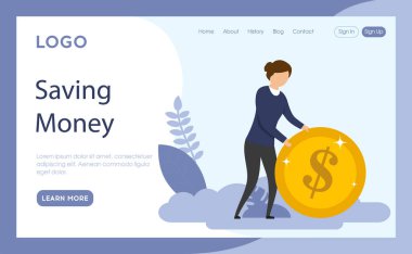 Web sitesi Sayfa Şablonu Vektör İllüstrasyonu. Nesneler, Düğmeler ve Yazılarla Çizgi Film Düzleştirici Beste. Tasarruf Konsepti. İş kadını Rolling Money Coin. Mavi Arkaplan ve Çiçekler