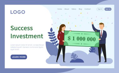 Web sitesi Sayfa Şablonu Vektör İllüstrasyonu. Nesneler, Düğmeler ve Yazılarla Çizgi Film Düzleştirici Beste. Başarı Yatırım Konsepti. İki Büyük Para Banknotunu Koruyan İş Karakteri.