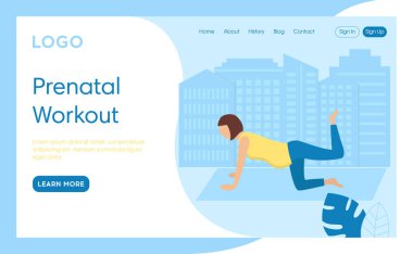 Doğum öncesi Antrenman Konsepti İllüstrasyonu. Vektör Bileşimi, Düz Çizgi Film Sanatı. Yazılar ve Tasarım elemanları ile Web sayfası Arayüz Şablonu. Spor yapan hamile bir kadın. Hamilelik İçin Sağlık Hizmetleri