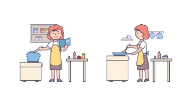 Düz çizgi film tarzında vektör illüstrasyonu. Ana hatlarıyla doğrusal kompozisyon. Beyaz Arkaplan ve İnsanlar. Kızıl saçlı, önlük takan bir kadın karakteri var. Mutfak İçi ve Çevreleyen Elementler