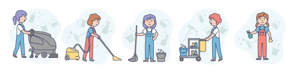 Ilustração de conceito em fundo branco. Composição vetorial com personagens. Linear esboço e cores suaves. Arte com cinco mulheres da empresa de limpeza. Sweepers com aparelhos diferentes de pé — Vetor de Stock