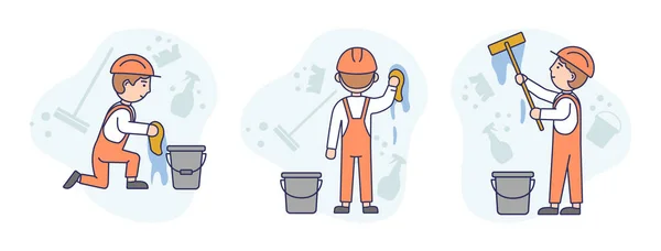 Concept Illustration On White Background. Vector Composition With Characters. Linear Outline And Soft Colours. Three Male Workers In Orange Protective Helmets And Overalls Washing Wall. Clean Elements — Stock Vector