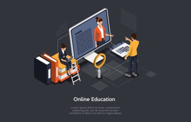 Isometric Illustration. Elementler ve insanlarla birlikte vektör karikatür 3D tasarımı. Çevrimiçi Kurs veya Eğitim. Uzaktan İnternet Çalışması. Bilgiye, Kitaba, Takvim Çevresindeki Bilgisayara Yakın Karakterler