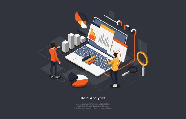 Illustration On Dark Background. Data Analytics, Info Checkup Concept. Isometric Vector Composition In Cartoon 3D Style With Objects And Text. People Standing Near Laptop With Charts And Diagrams — Stock Vector