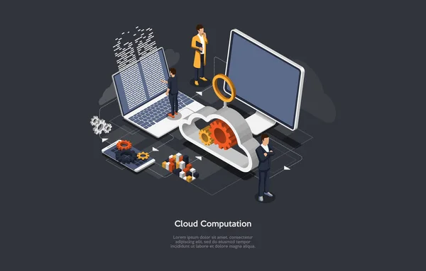 Ilustración sobre fondo oscuro. Concepto de computación en nube de información. Isométrica composición vectorial en dibujos animados estilo 3D con objetos y texto. Tres personajes y computadoras, elementos de infografía — Vector de stock