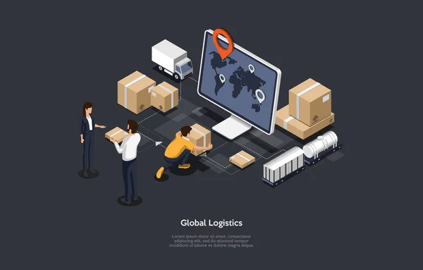 Isometric 3D Vector Illustration On Dark Background With Writing. Cartoon Composition, Global Logistics And Cargo Shipping Concept. Computer Monitor, Warehouse Items, Lorry, Cardboard Boxes And People — 스톡 벡터